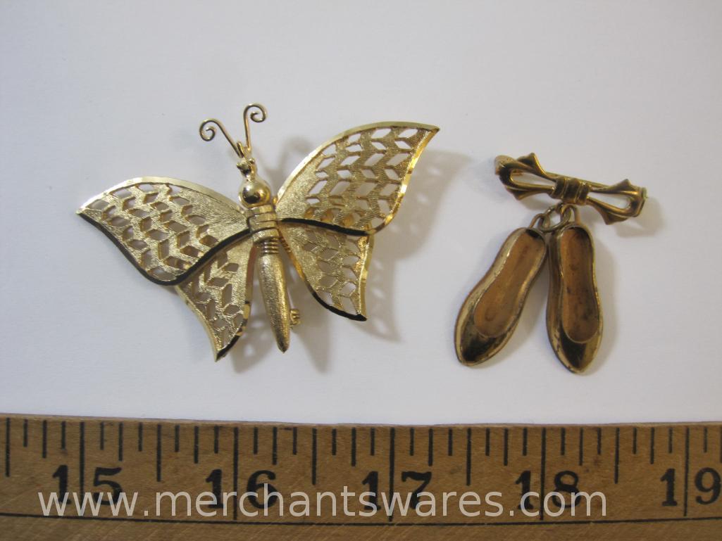 Two Gold Tone Pins including Butterfly with Moving Wings and Ballet Slippers