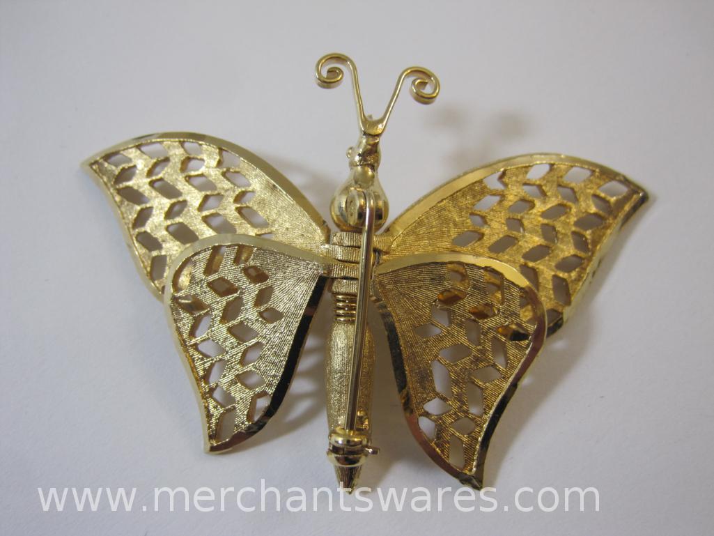 Two Gold Tone Pins including Butterfly with Moving Wings and Ballet Slippers