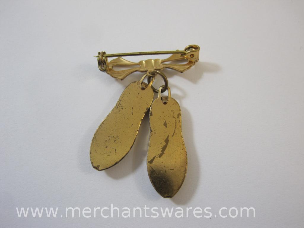 Two Gold Tone Pins including Butterfly with Moving Wings and Ballet Slippers