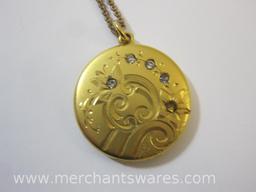 Gold Tone Necklaces, One with Locket and Pictures, and a Sarah Coventry Cancer Astrology Pendant