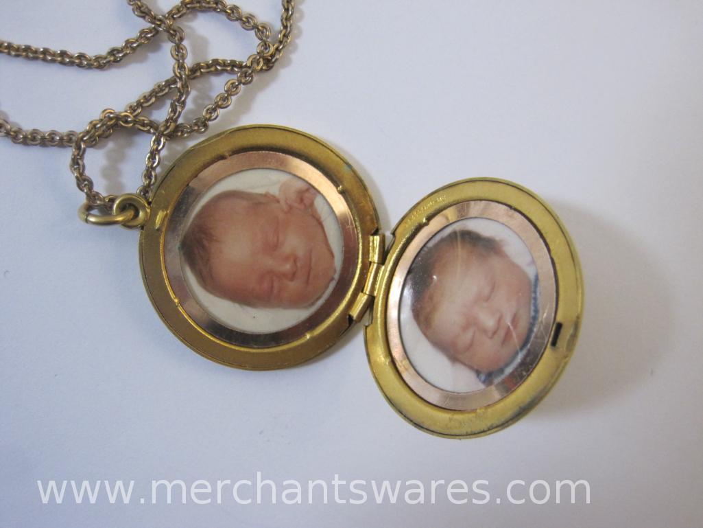 Gold Tone Necklaces, One with Locket and Pictures, and a Sarah Coventry Cancer Astrology Pendant