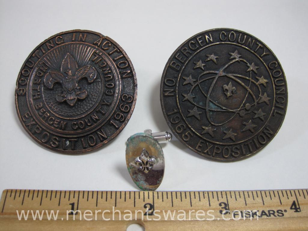 Two Bronze Commemorative Boy Scout Neckerchief Slides, 1963 and 1965 North Bergen County NJ