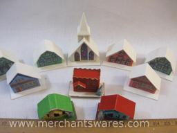 Ten Assorted Plastic and Felted Cardboard Christmas Houses and Church for String of Lights,