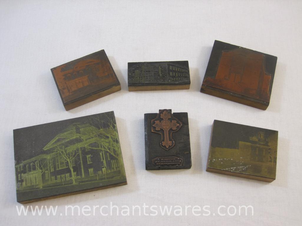 Six Antique Printing Plate Blocks of Churches including Lock Haven, PA, 3 lbs 10 oz