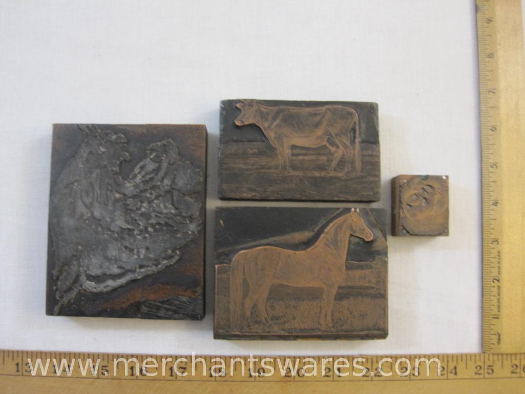 Four Antique Animal Printing Plate Blocks including cow, horse, chicks, and wildcat, 1 lb 14 oz