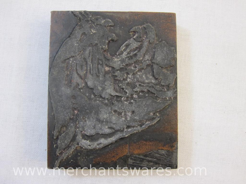 Four Antique Animal Printing Plate Blocks including cow, horse, chicks, and wildcat, 1 lb 14 oz