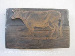 Four Antique Animal Printing Plate Blocks including cow, horse, chicks, and wildcat, 1 lb 14 oz