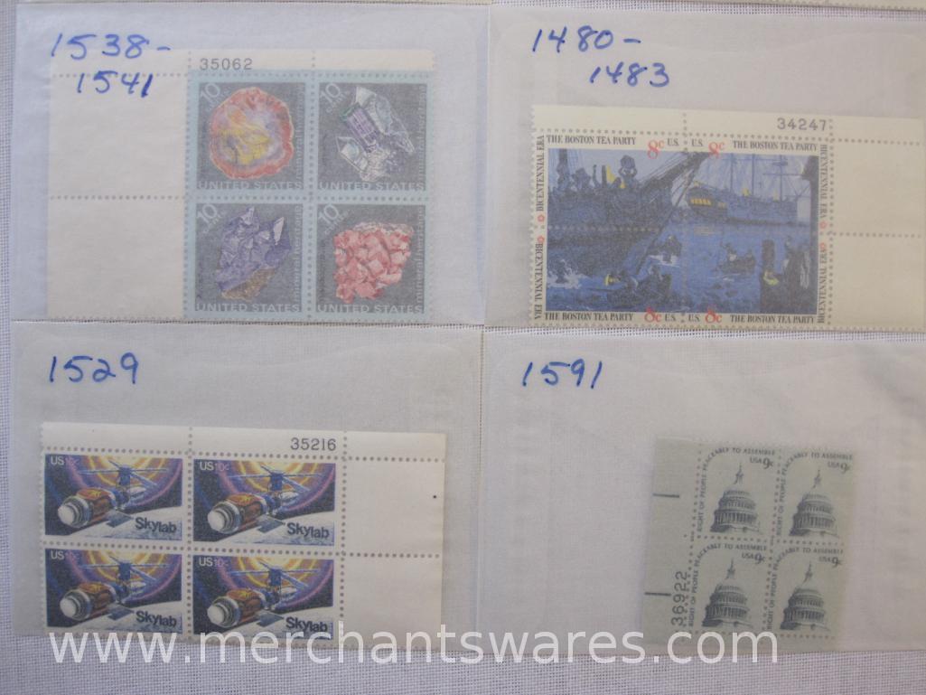 Twelve Blocks of Four US Postage Stamps including 8c The Boston Tea Party (1480-1483), 10c