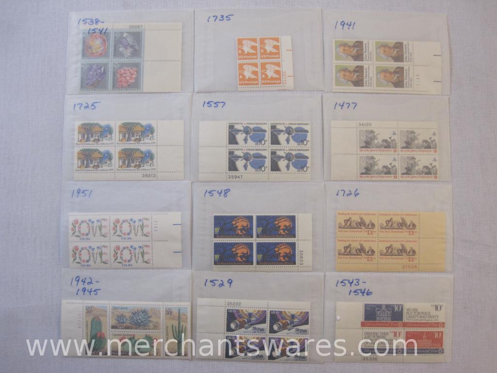 Twelve Blocks of US Postage Stamps including 20c Cacti (1942-1945), 20c LOVE Flowers (1951), 13c