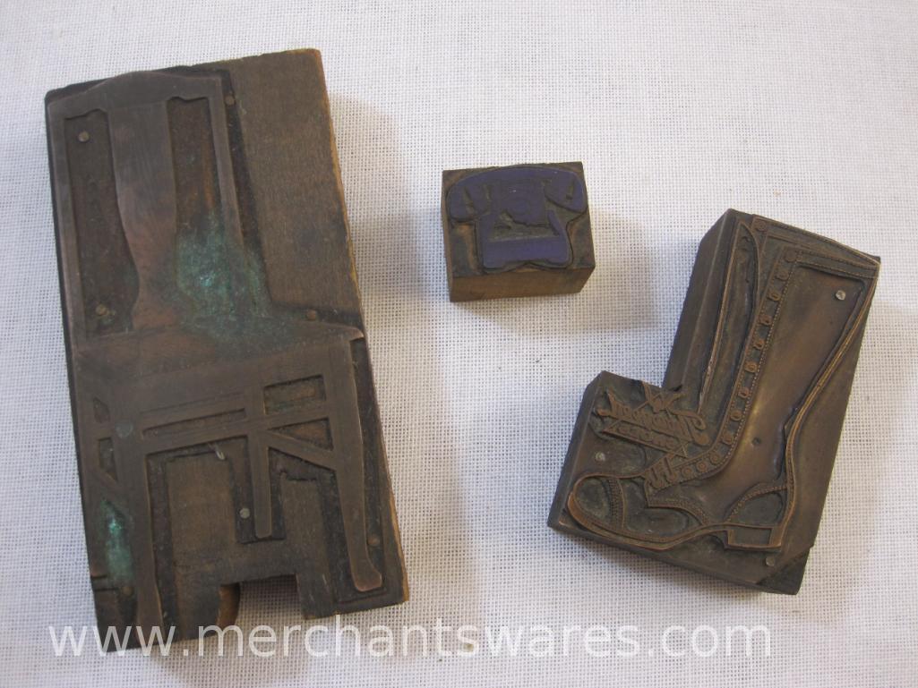 Three Antique Printing Plate Blocks including Telephone, Chair, and Thorogood Shoes Advertising