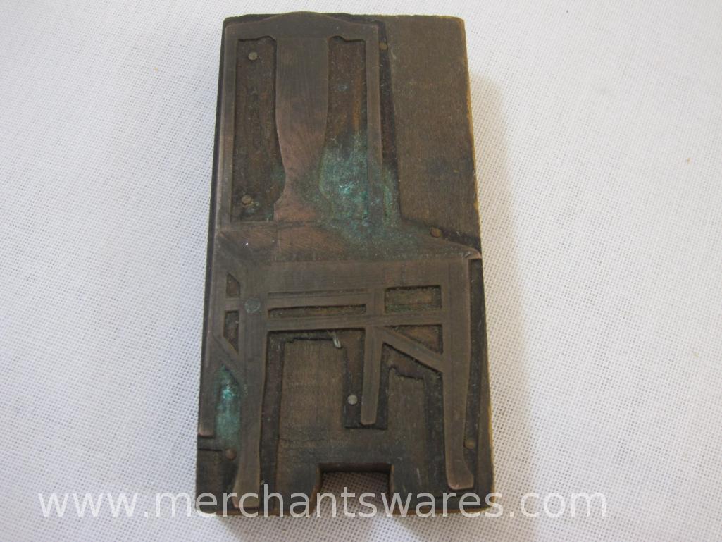 Three Antique Printing Plate Blocks including Telephone, Chair, and Thorogood Shoes Advertising