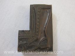 Three Antique Printing Plate Blocks including Telephone, Chair, and Thorogood Shoes Advertising