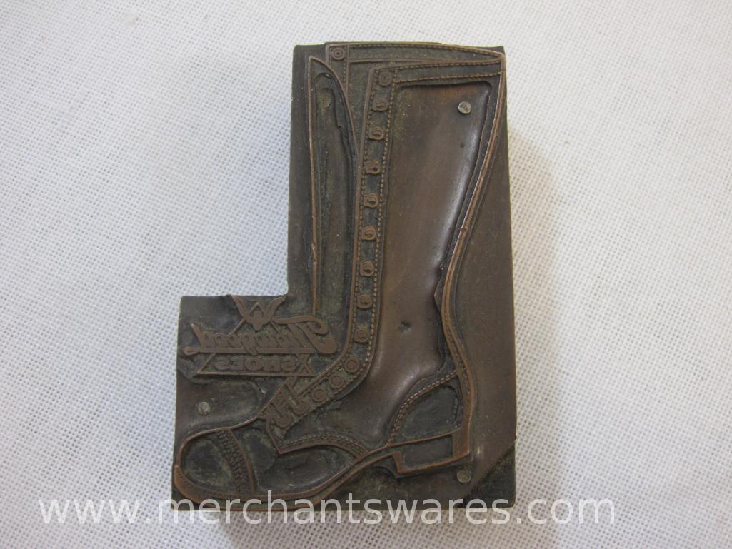 Three Antique Printing Plate Blocks including Telephone, Chair, and Thorogood Shoes Advertising