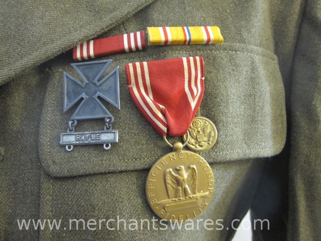 WWII Era Ike Jacket with Ruptured Duck Patch and Various Military Medals and Insignia, Size 36R,