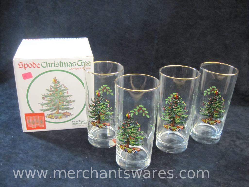 Spode Christmas Tree Set of Four Highball Glasses in Original Box, 3 lbs 2 oz