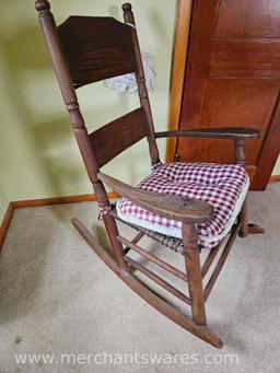 Antique Oak Rocking Chair with Woven Seat, Includes Cushion