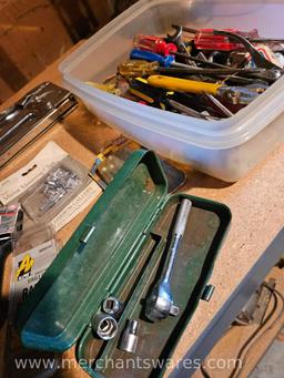 Assorted Tools, Includes Screw Drivers, Staple Gun, Adjustable Wrench, and More