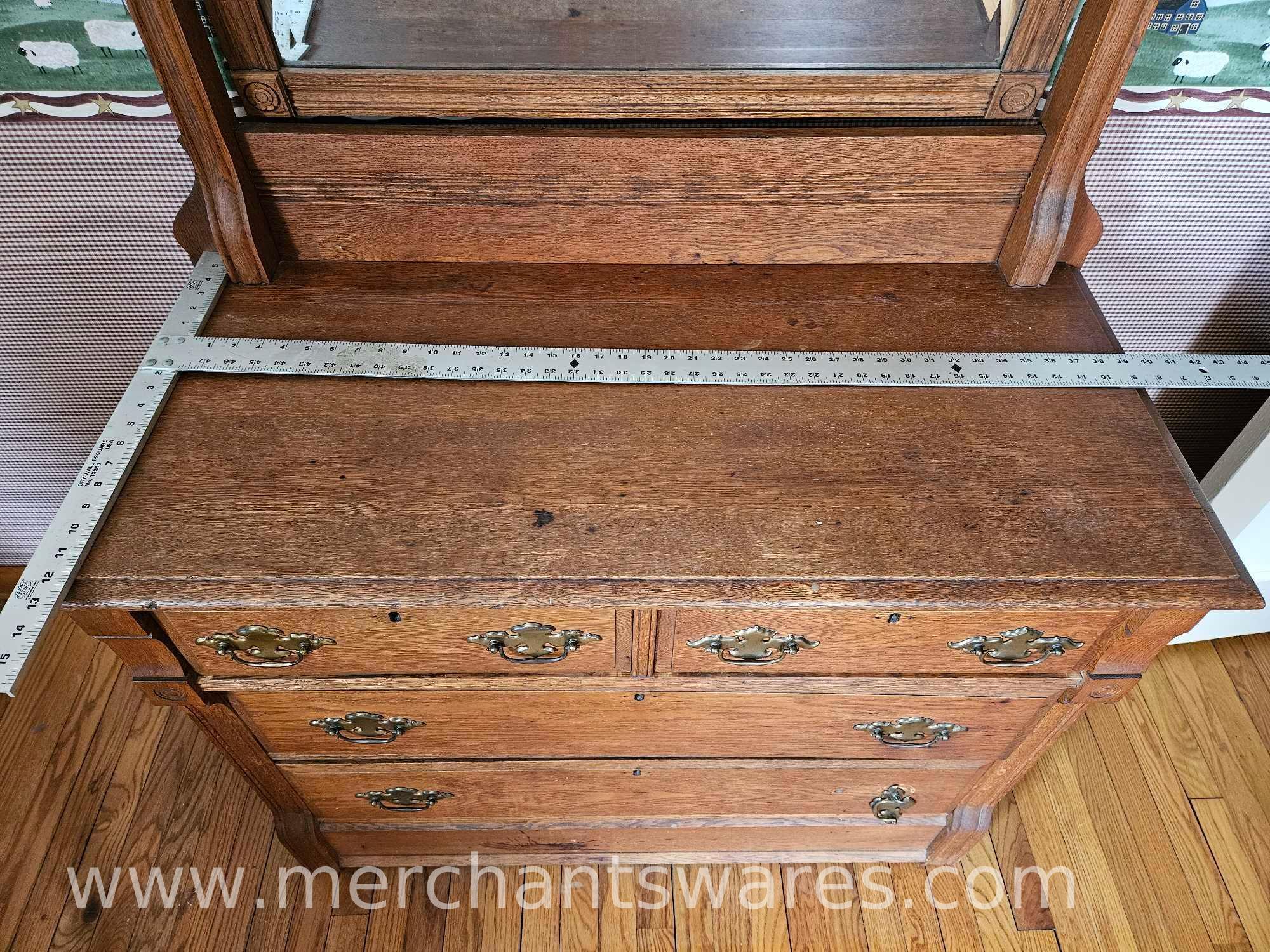 Two Piece Antique Solid Wood Dresser with Mirror and Dove Tailed Drawers