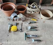 Flower Pots and Gardening Bag with Gloves and Tools