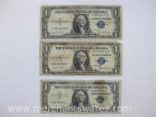 Three Blue Seal US Silver Certificates including 1935 D S39918352E, 1935 D Q80356561F and 1957
