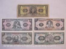 Five Foreign Paper Currency Notes from Ecuador including 1988 100 Sucres, 1967 20 Sucres, 1975 10
