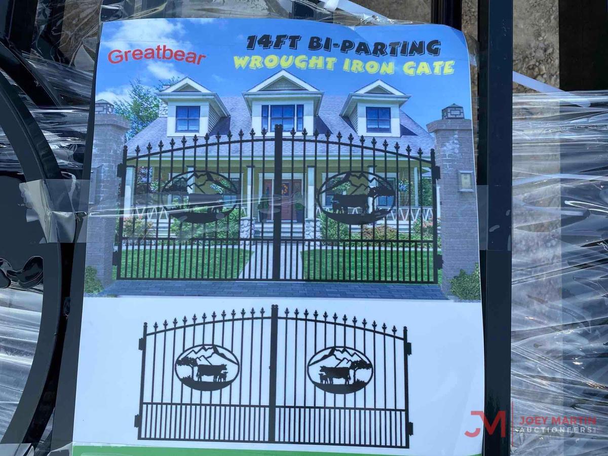 NEW GREATBEAR 14' BI-PARTING WROUGHT IRON GATE, COW SCENE