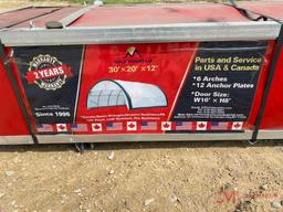 NEW GOLD MOUNTAIN 30' X 20' X 12' CANOPY, 6 ARCHES, 12 ANCHOR PLATES, 16' X 8' DOOR