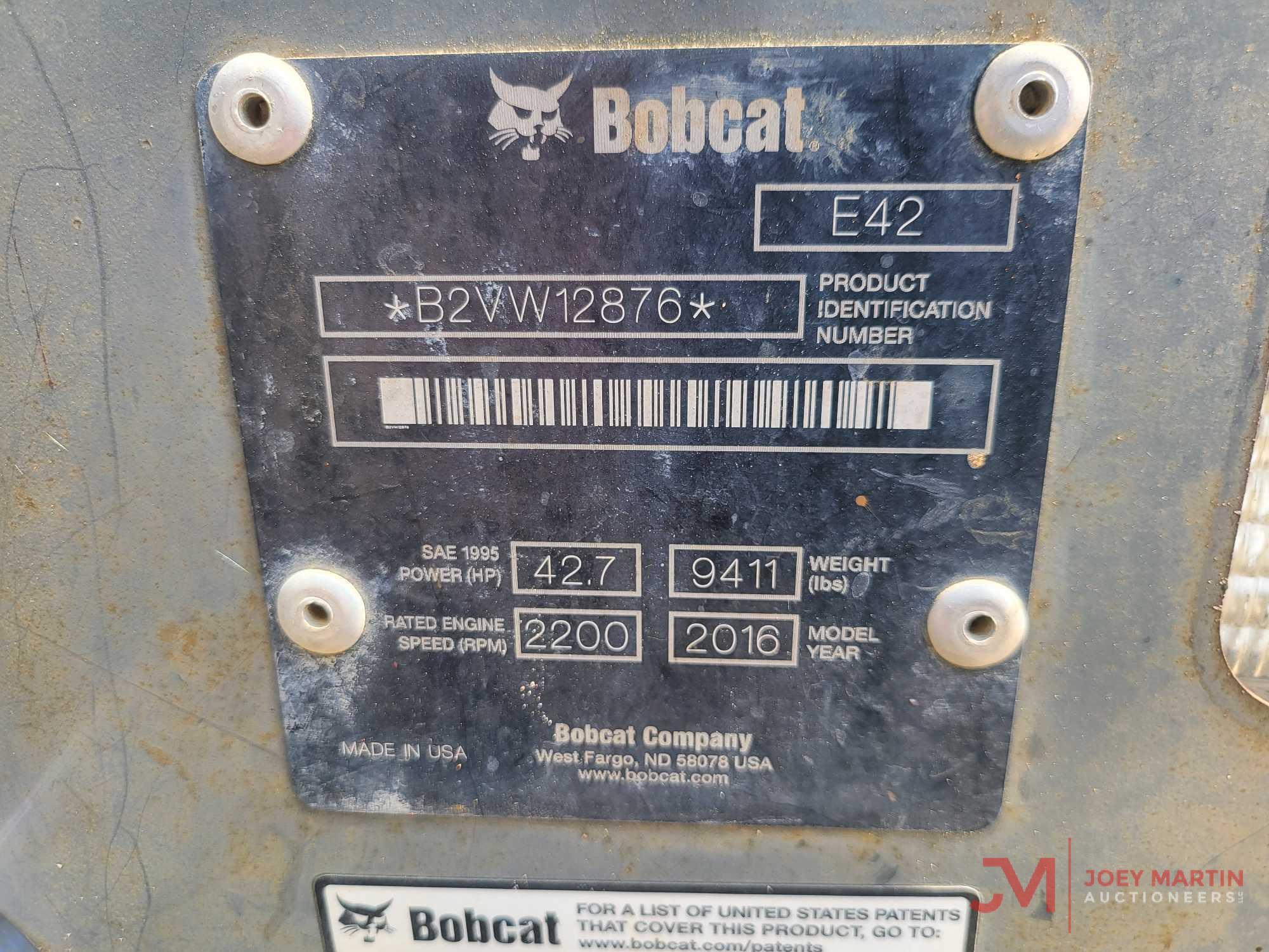 2016 BOBCAT E42 HYDRAULIC MINI EXCAVATOR