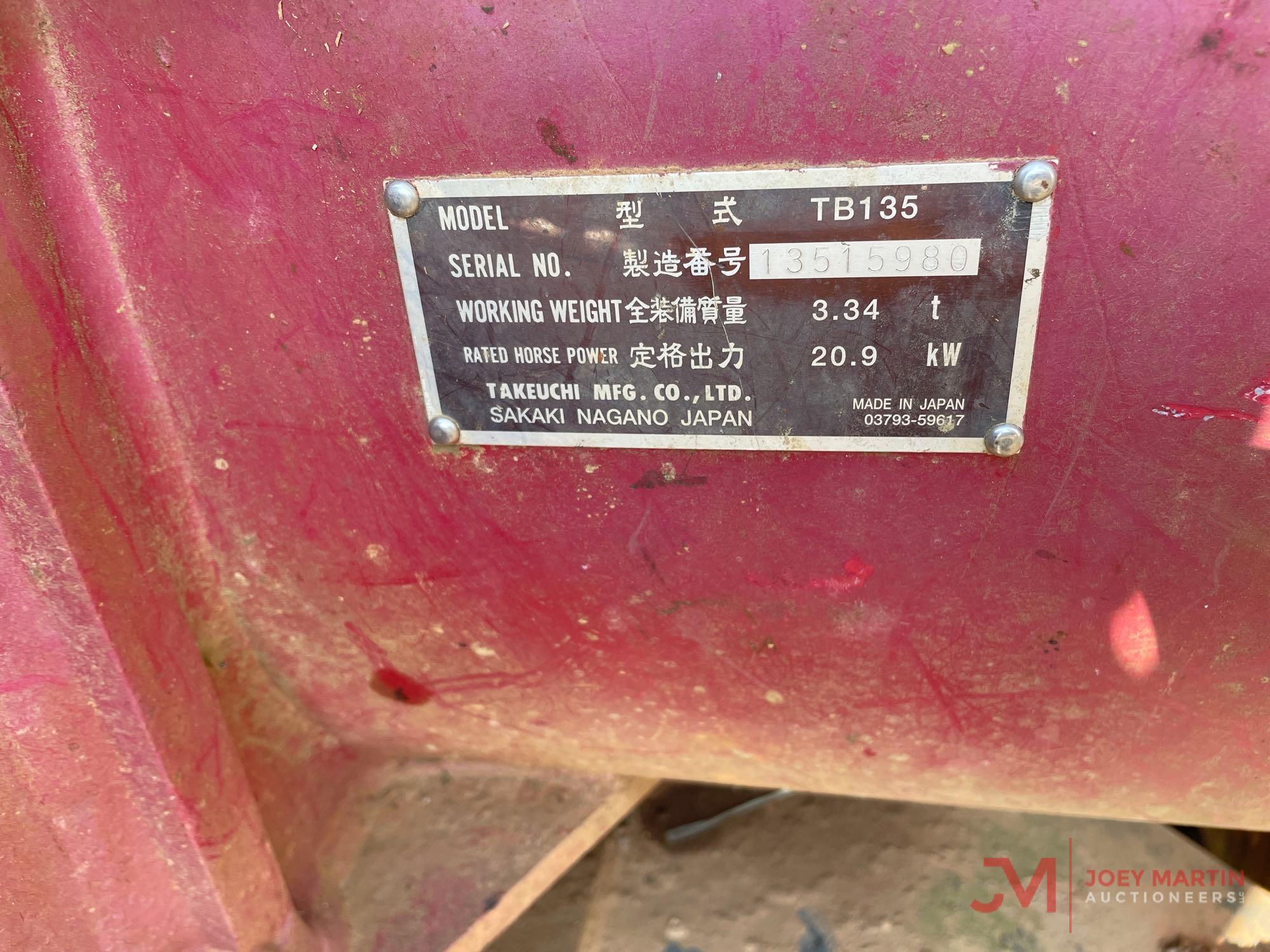 2005 TAKEUCHI TB135 HYDRAULIC MINI EXCAVATOR