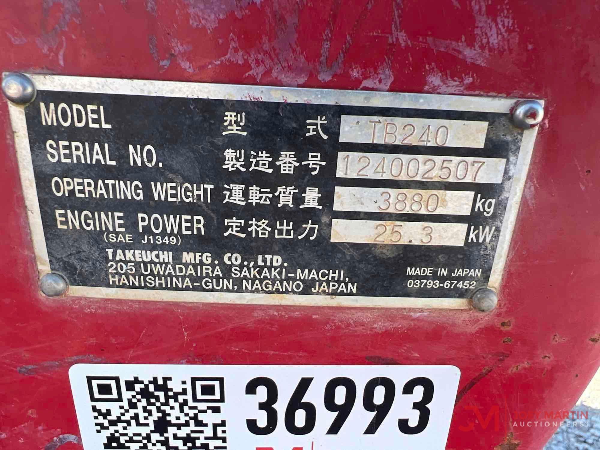 2017 TAKEUCHI TB240 MINI EXCAVATOR