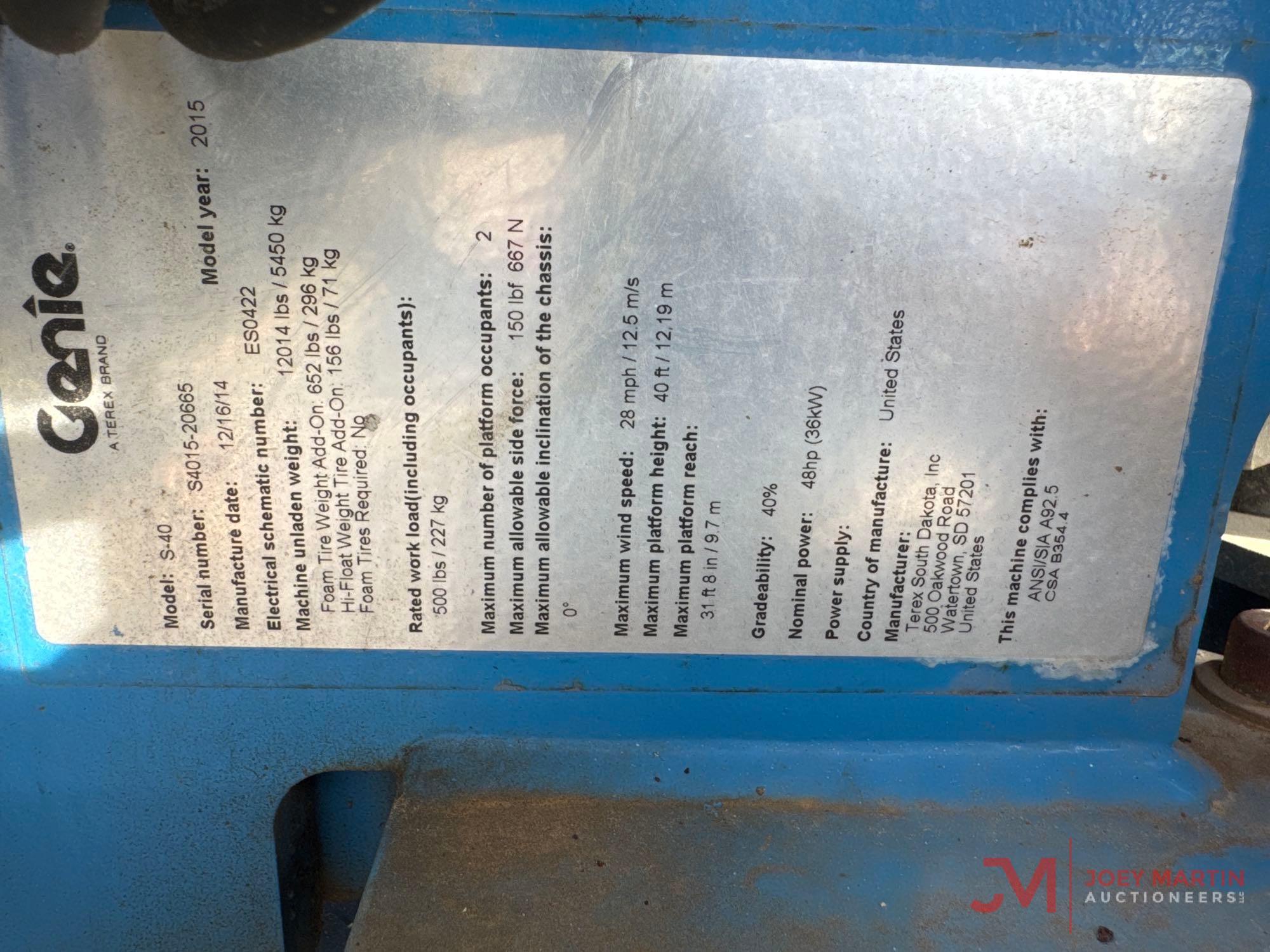 2015 GENIE S-40 BOOM LIFT