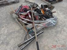 CONTENTS OF PALLET VARIOUS HAND TOOLS, WRENCHES, LEVELS, RACKS, SHOVEL