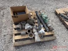 CONTENTS OF PALLET, PIPE FITTINGS, EXCAVATOR TEETH, GREASE, TRACTOR ARMS