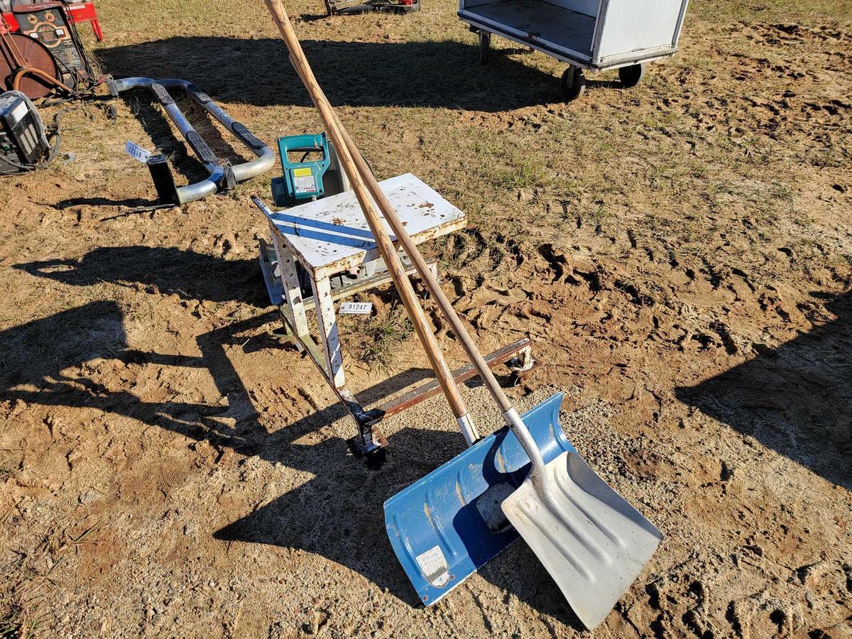 MITRE SAW, 2 - SHOVELS, & STOOL