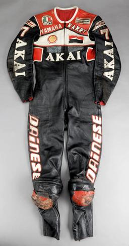 Barry Sheene 1981 Akai Yamaha race-worn leathers, by makers Dainese, bearin
