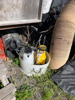 (Lot) Tarps, Fencing, Cones, Sprayers in One Area