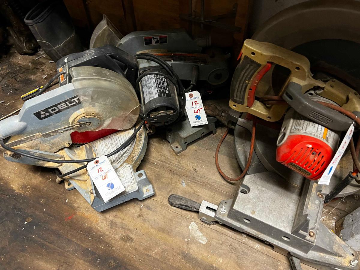 {LOT} (4) Asst. Chop Saws, (3) Asst. Table Saws & (2) Saw Stands