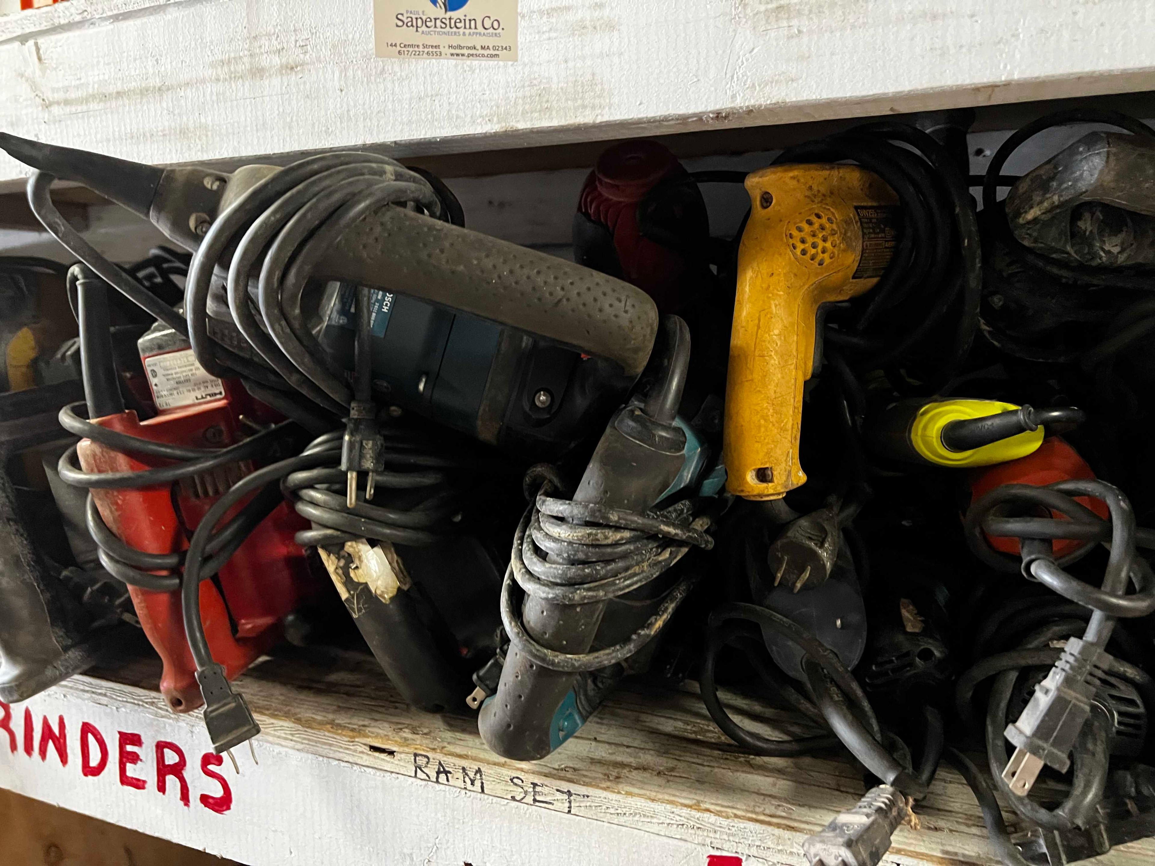 {LOT} Approx. 40 Corded Drills, Hammer Drills, Grinders, & Sanders on Shelf