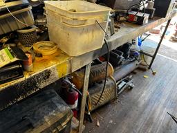 {LOT} From Heater To Door c/o: Tables, Tools, Cases, Lamps, Vice, As is Compressor (MUST TAKE ALL)