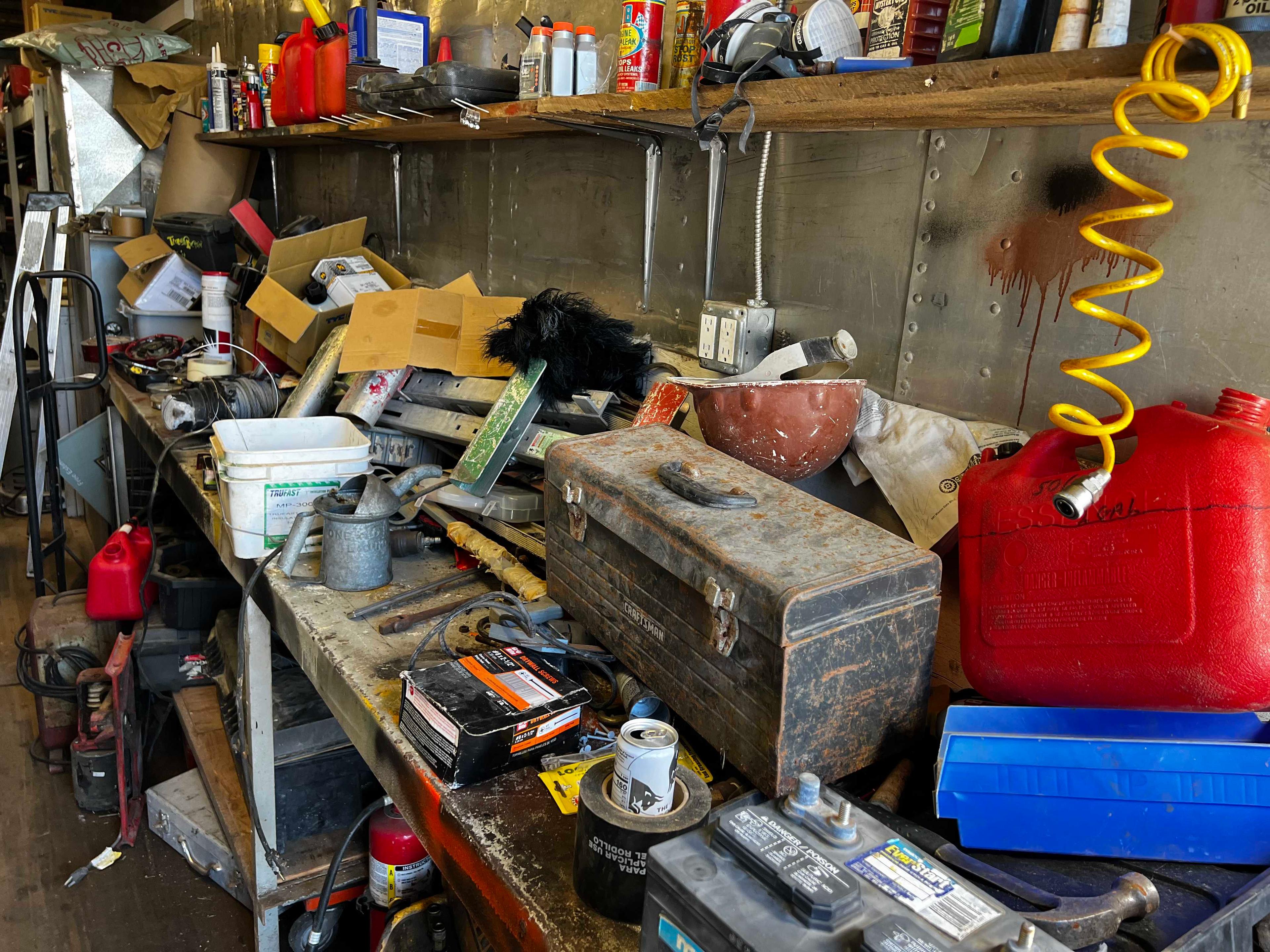 {LOT} From Heater To Door c/o: Tables, Tools, Cases, Lamps, Vice, As is Compressor (MUST TAKE ALL)