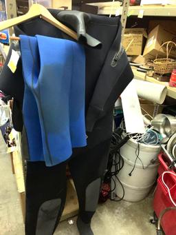 Pair of Swim Fins- Large One Piece Wet Suit and Wet Suit Pants