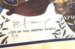 Life of the Eskimo by Huong-Lithograph Double Signed-Dated 1981-Beautifully Detailed Native Alaskan