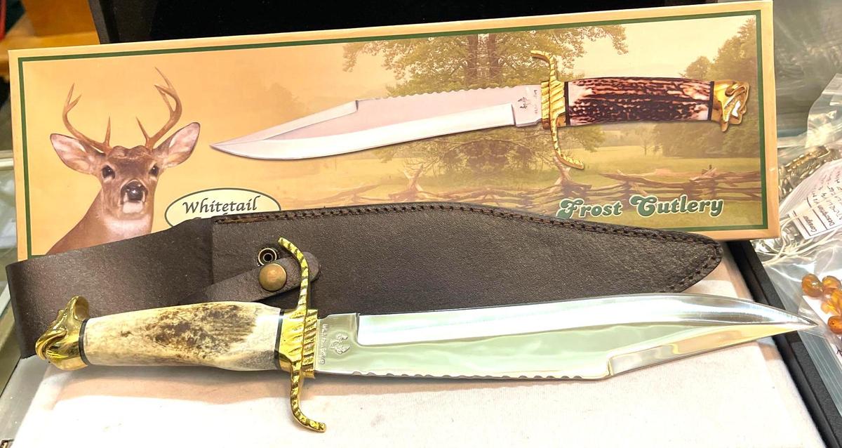 15 1/2" Hunting Knife w/ Brass Guard/ Tail Knob, Rolled Stag Handle