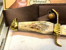 15 1/2" Hunting Knife w/ Brass Guard/ Tail Knob, Rolled Stag Handle