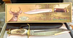 15 1/2" Hunting Knife w/ Brass Guard/ Tail Knob, Rolled Stag Handle