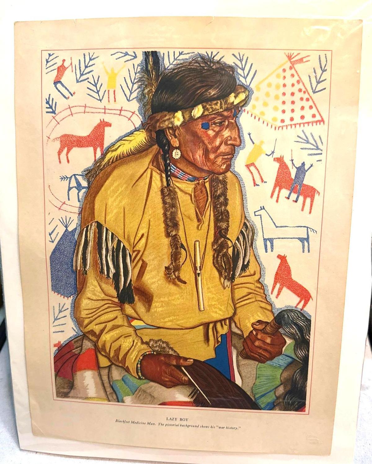 1947 Winald Reiss Full Color Portrait of Lazy Boy a Black feet Medicine Man print