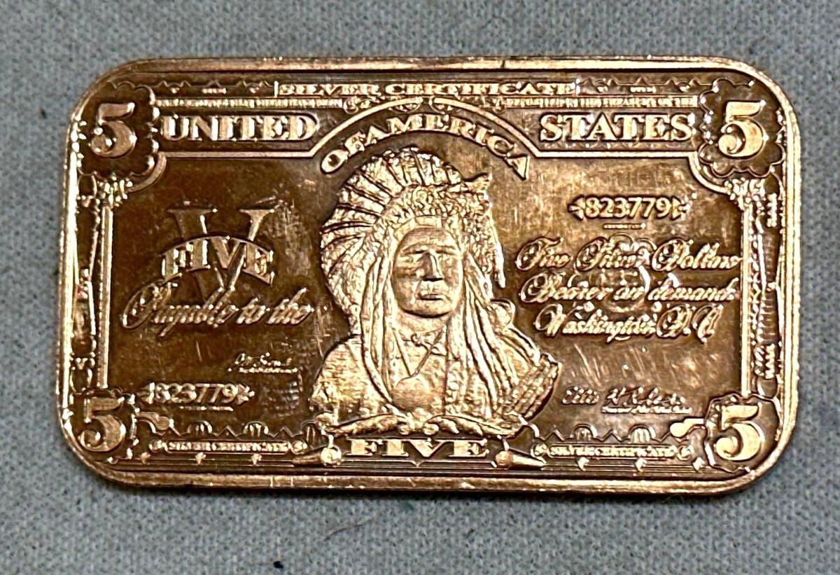 Pure Copper Bar Issued with Indian Chief Image Representing $5 Silver Certificate