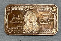 Pure Copper Bar Issued with Indian Chief Image Representing $5 Silver Certificate
