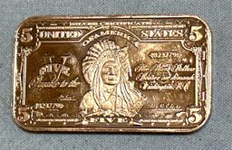 Pure Copper Bar Issued with Indian Chief Image Representing $5 Silver Certificate