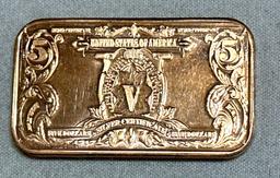 Pure Copper Bar Issued with Indian Chief Image Representing $5 Silver Certificate